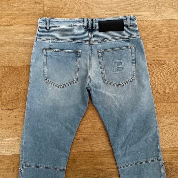 Balmain Slim Fit Biker Jeans in Faded Blue - Picture 4 of 10